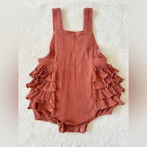 Kate Quinn side ruffle bubble, stretchy modal rib, spice, size 2T